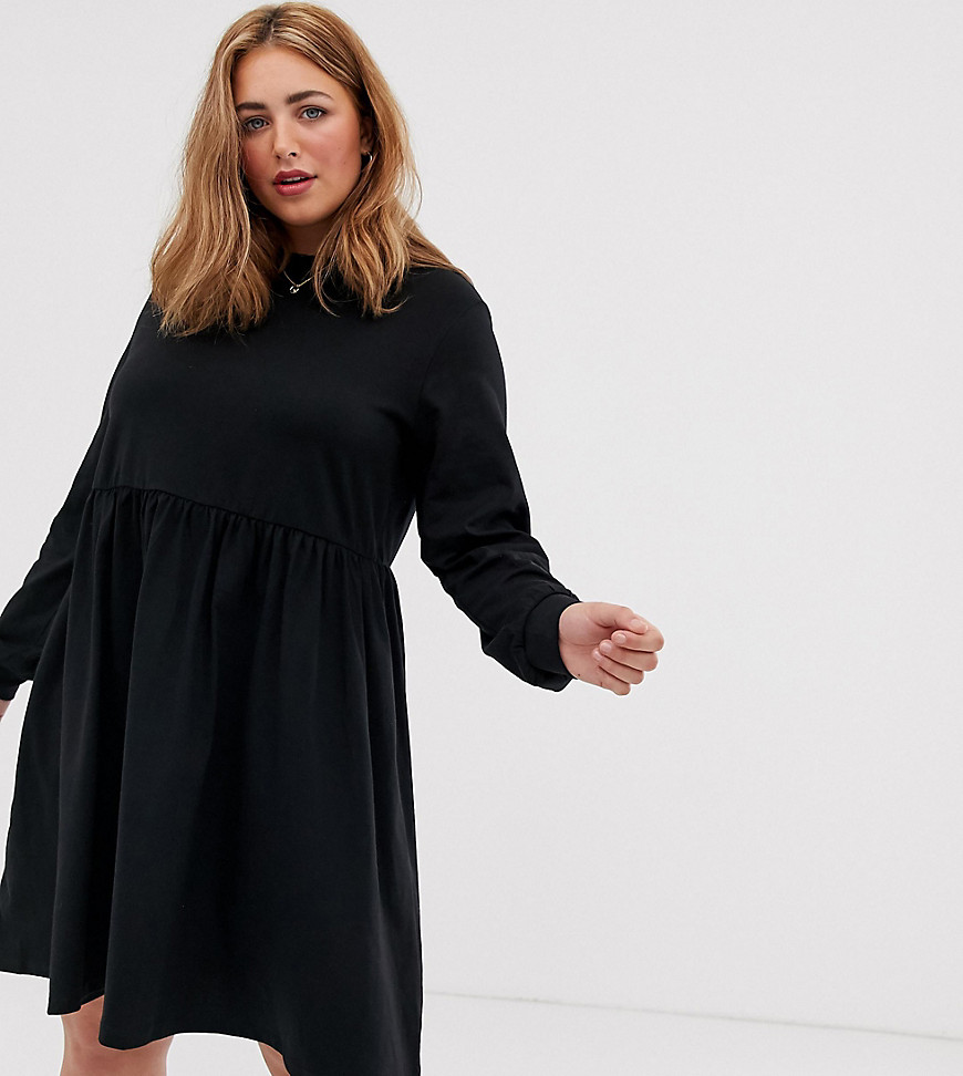 ASOS DESIGN - Curve - Aangerimpelde jurk van katoen met lange mouwen-Zwart