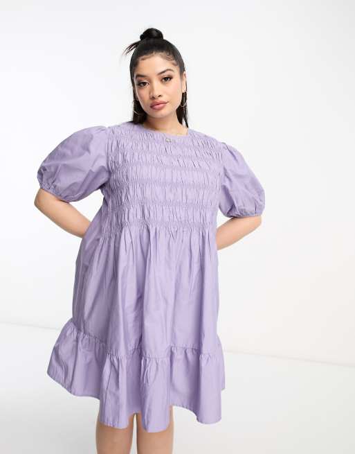 ASOS DESIGN Curve - Aangerimpelde katoenen mini jurk met pofmouwen in lila