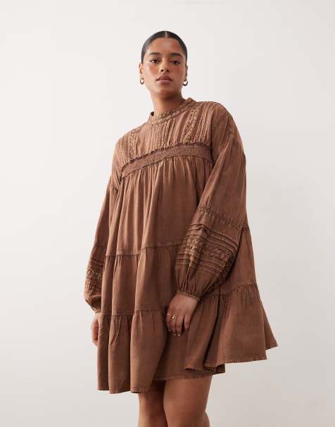 ASOS DESIGN Curve - Aangerimpelde mini jurk met kanten randen in chocoladebruin met wassing - view 1