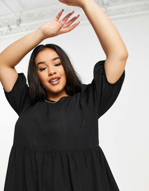 ASOS DESIGN Curve - Aangerimpelde mini-jurk met korte mouwen in zwart, 3 van 4