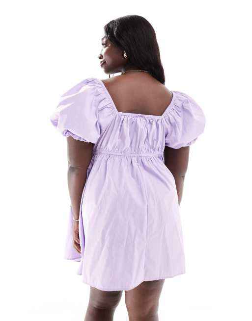 ASOS DESIGN Curve - Aangerimpelde mini jurk met pofmouwen in lila, 2 van 4