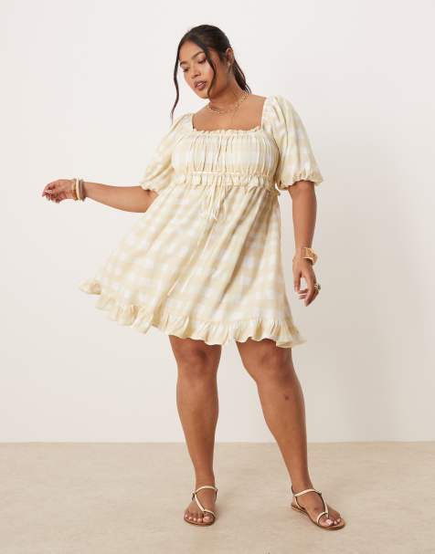 ASOS DESIGN Curve - Aangerimpelde mini jurk met pofmouwen, vierkante hals en ruitprint in groen - view 1