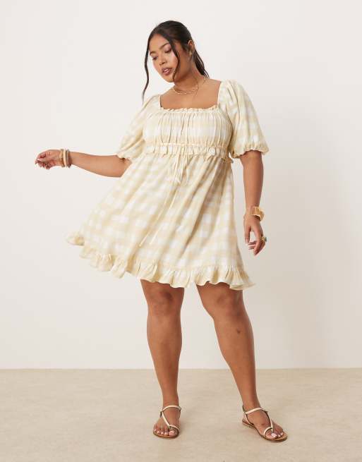 ASOS DESIGN Curve - Aangerimpelde mini jurk met pofmouwen, vierkante hals en ruitprint in groen