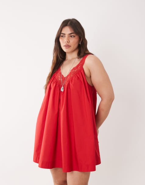 ASOS DESIGN Curve - Aangerimpelde mini sundress van poplin met V-hals en kanten rand in tomatenrood - view 1