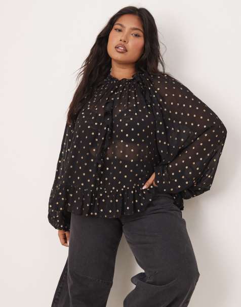 ASOS DESIGN Curve - Aangerimpelde top met burn-out metallic stippen in zwart en goud - view 1