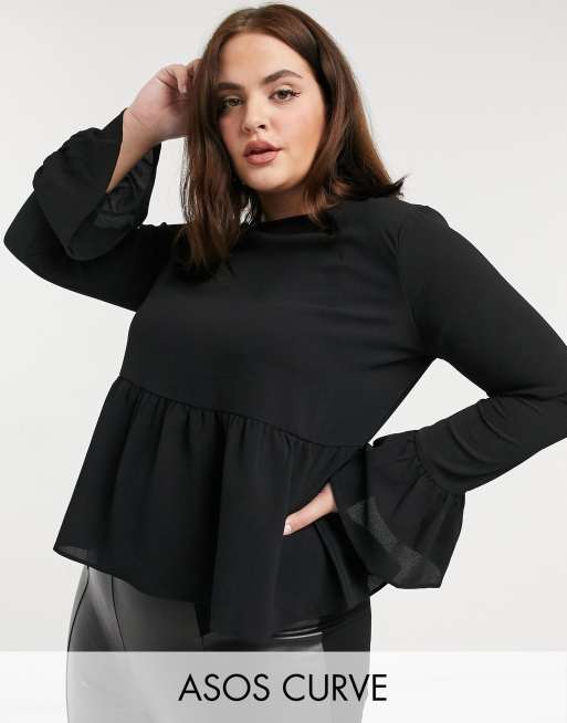 ASOS DESIGN Curve - Aangerimpelde top met lange mouwen in zwart