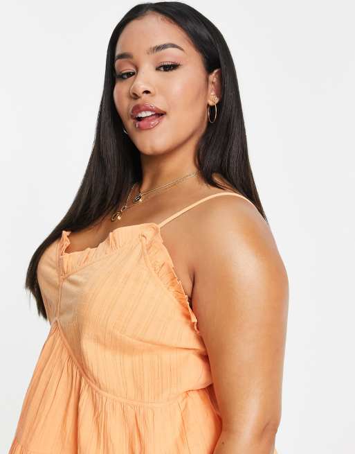ASOS DESIGN Curve - Aangerimpelde zonnetop met textuur en ruches in oranje met wassing, 4 van 4
