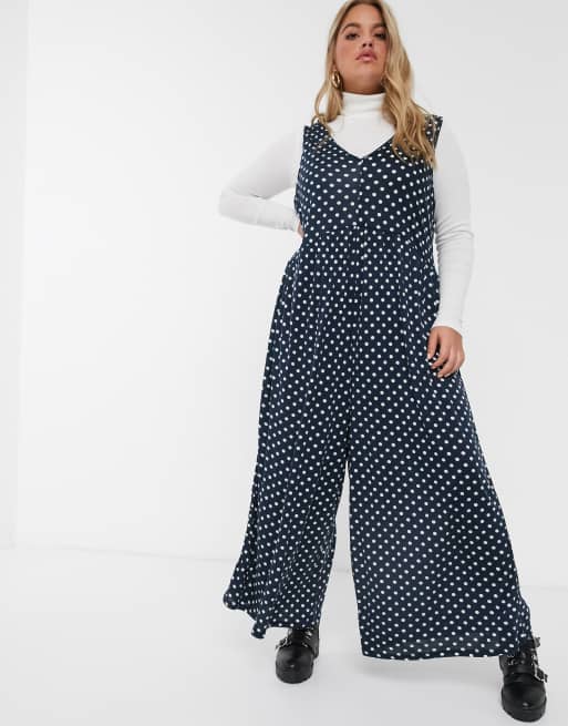ASOS DESIGN Curve - Aangerimpelde lounge jumpsuit in marineblauw met stippenprint, 4 van 4