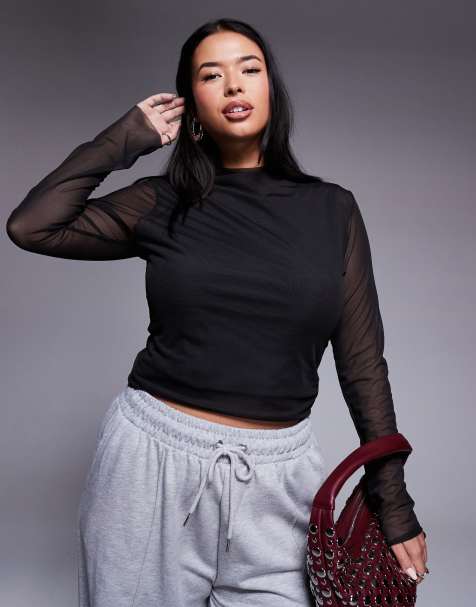 ASOS DESIGN Curve - Aansluitende gelaagde hoogsluitende top van mesh met lange mouwen in zwart - view 1