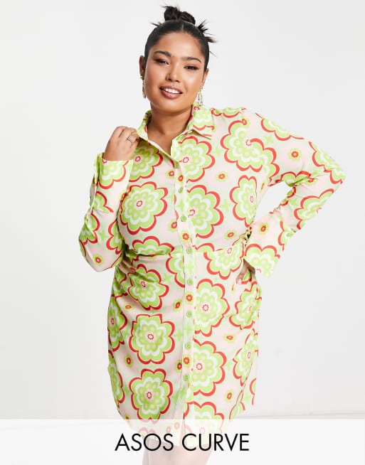 ASOS DESIGN Curve - Aansluitende mini overhemdjurk met retro bloemenprint in roze