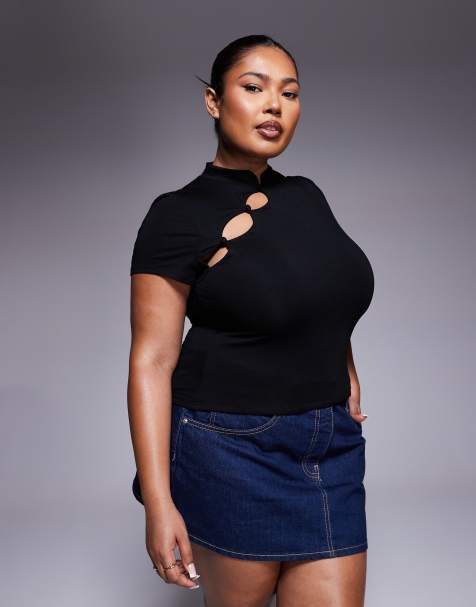 ASOS DESIGN - Curve - Aansluitende top met korte mouwen en knopen met lusjes in zwart - view 1