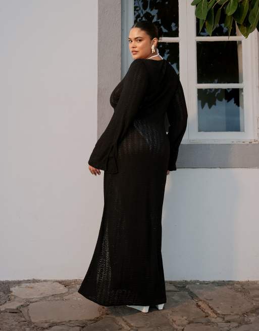 ASOS DESIGN Curve Abigail crochet maxi beach dress with beaded detail in black, 4 of 4