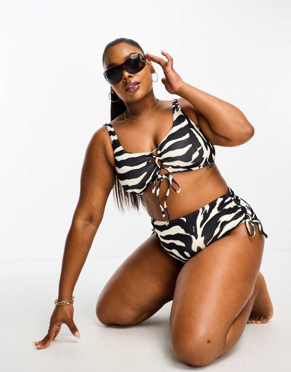 ASOS DESIGN Curve adjustable leg high waist bikini bottom in oversize mono  zebra print