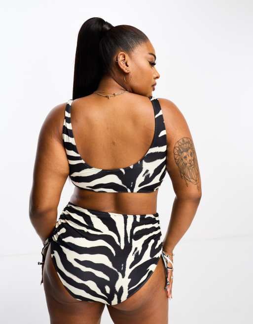 ASOS DESIGN Curve adjustable leg high waist bikini bottom in oversize mono  zebra print