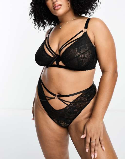 ASOS DESIGN Curve Adrianna satin and lace strappy underwired bra in black