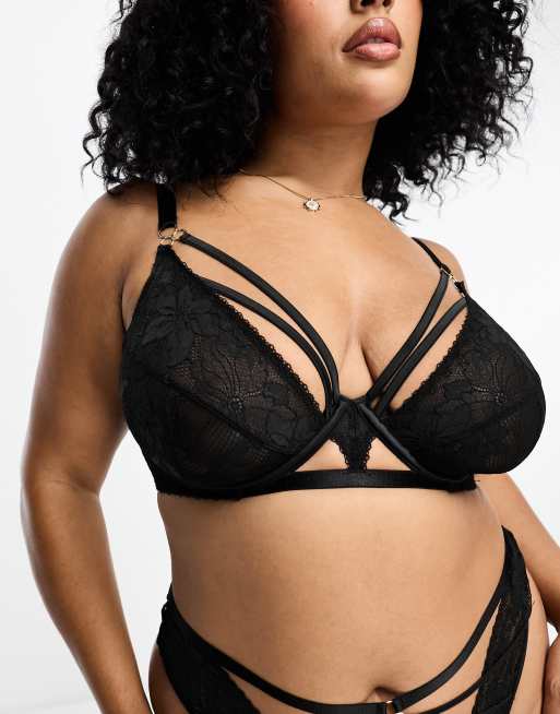 ASOS DESIGN Curve - Adrianna - Sort BH med stropper og bøjle i satin og blondestof