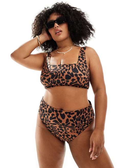 ASOS DESIGN Curve – Adrienne – Wysoko wycięty dół od bikini z podwyższonym stanem w duży zwierzęcy wzór
