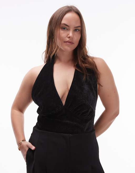 ASOS DESIGN Curve – Aksamitny czarny top z dekoltem typu halter
