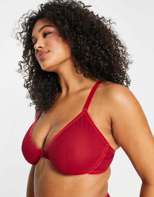 ASOS DESIGN Curve – Alaia – Bordowy biustonosz z fiszbinami z siateczkowym i aksamitnym wykończeniem