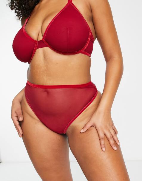 ASOS DESIGN Curve Alaia mesh and velvet trim thong in burgundy - view 1