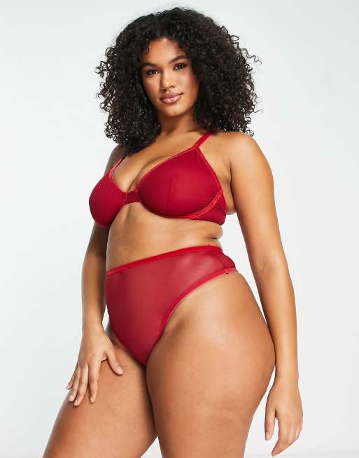 ASOS DESIGN Curve Alaia mesh and velvet trim underwire bra in burgundy, 4 of 4