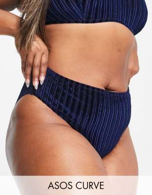 ASOS DESIGN Curve Alex velvet rib high waisted brazilian brief in navy