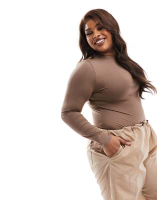 Asos Design Curve All Day Smoothing Body With Long Sleeves In Taupe-Brown