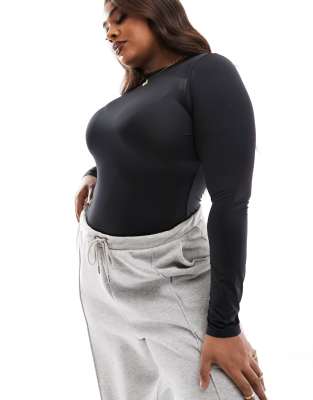 Asos Design Curve All Day Smoothing Bodysuit With Long Sleeves In Black In Black