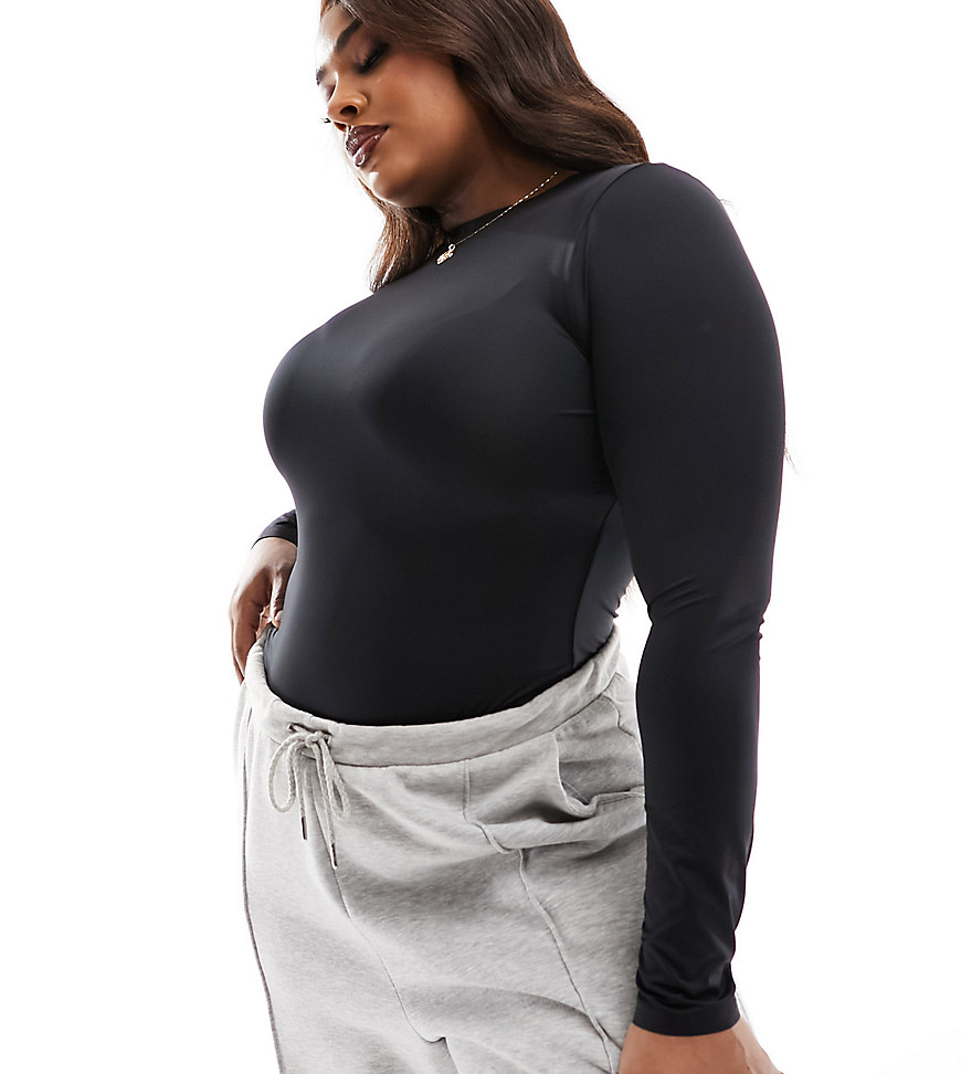 Asos Design Curve All Day Smoothing Bodysuit With Long Sleeves In Black
