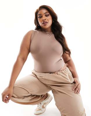 Asos Design Curve All Day Smoothing Racer Bodysuit In Taupe-brown