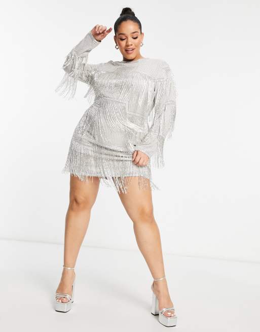 Curve all over embellished paneled fringe mini in silver | ASOS