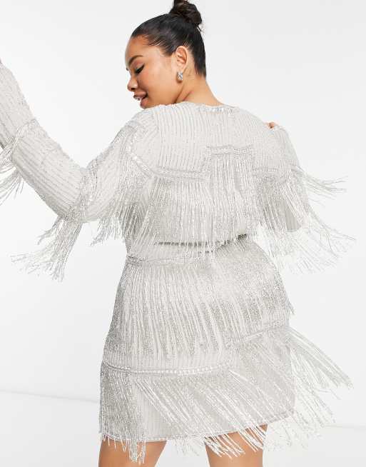 ASOS DESIGN Curve all over embellished paneled fringe mini in silver