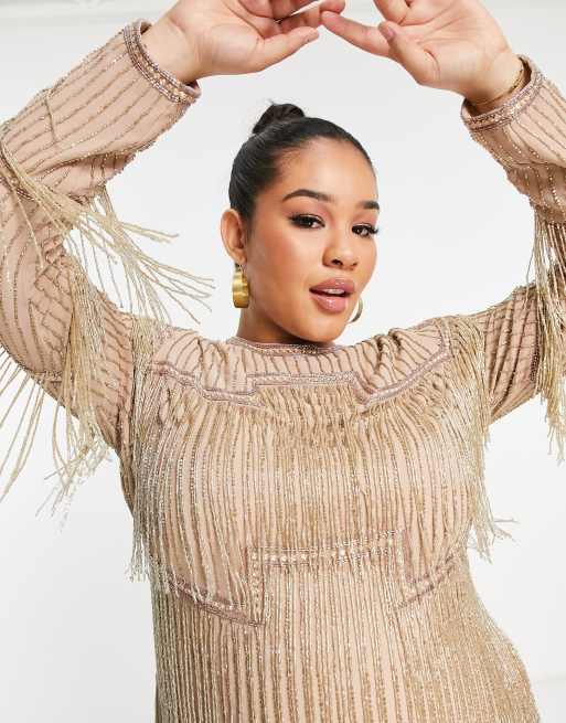 ASOS DESIGN Curve all over embellished panelled fringe midi in beige | ASOS