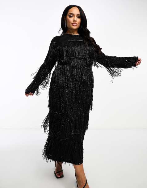 ASOS DESIGN Curve all over embellished panelled fringe midi in black - view 1