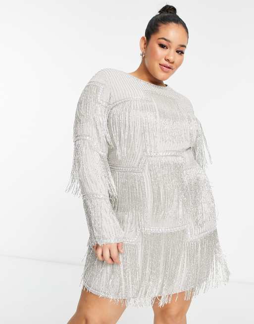 ASOS DESIGN Curve all over embellished panelled fringe mini in silver