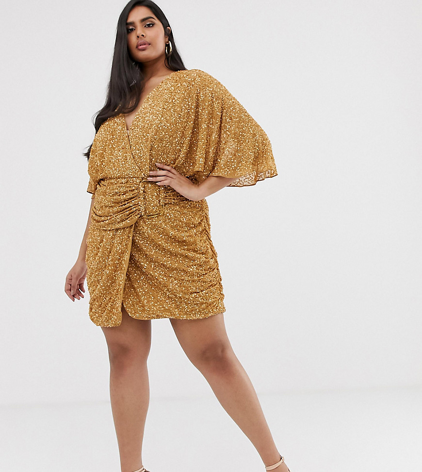 ASOS DESIGN Curve all over sequin mini dress with horn buckle-Brown