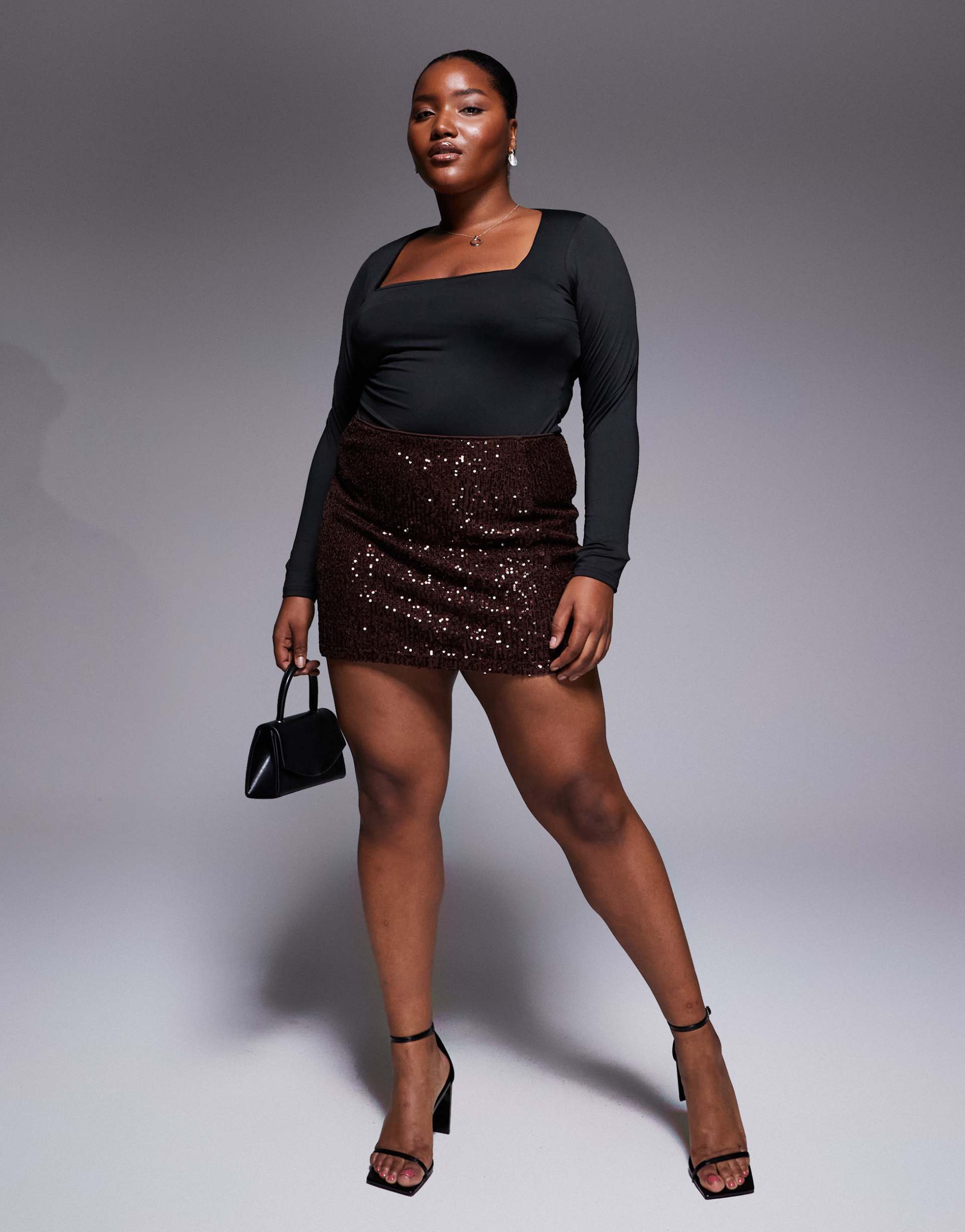 asos design curve all-over sequin mini skirt in chocolate