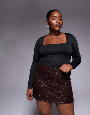 Asos Curve Asos Design Curve All-over Sequin Mini Skirt In Brown