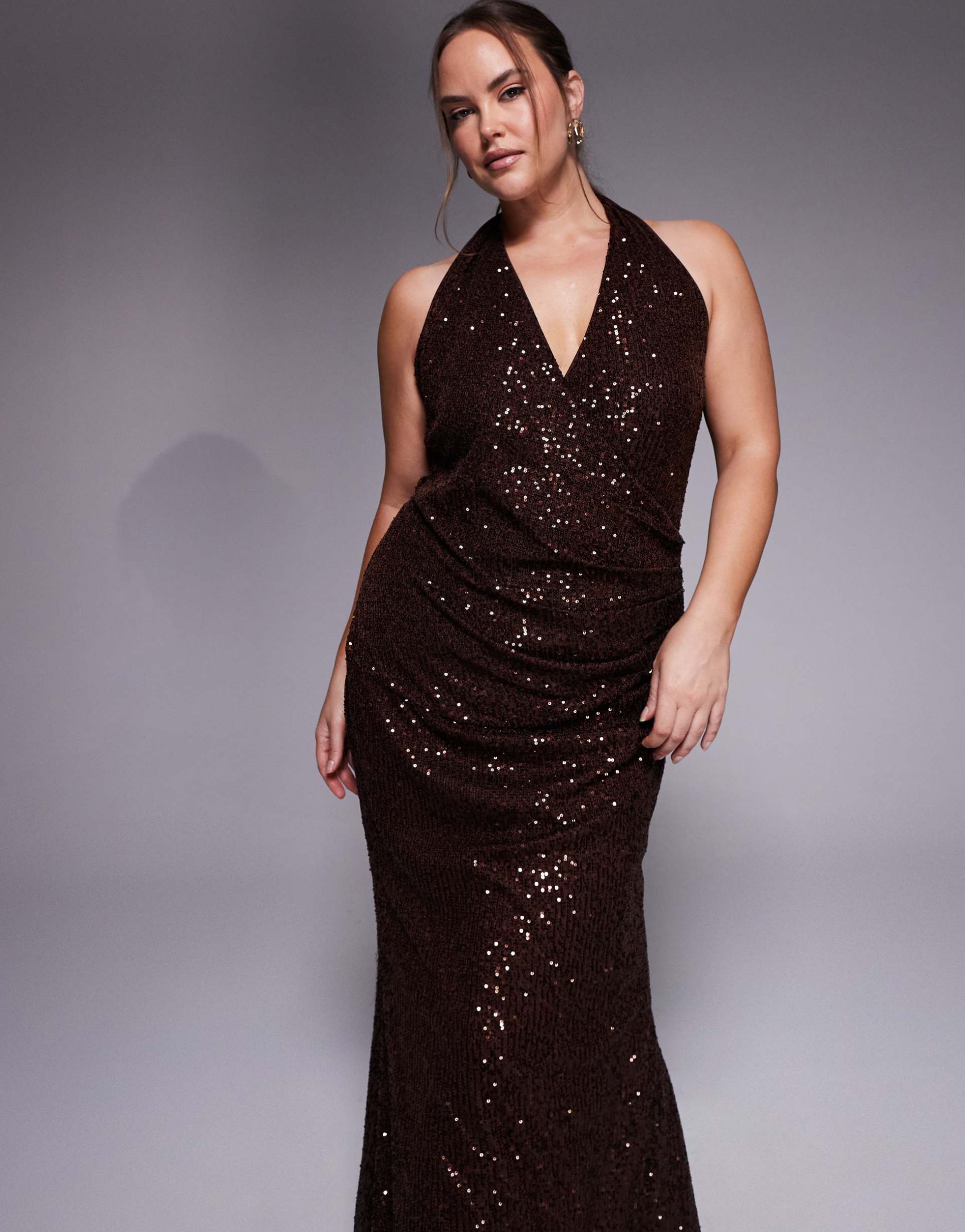 asos design curve all-over sequin plunge maxi dress in chocolate