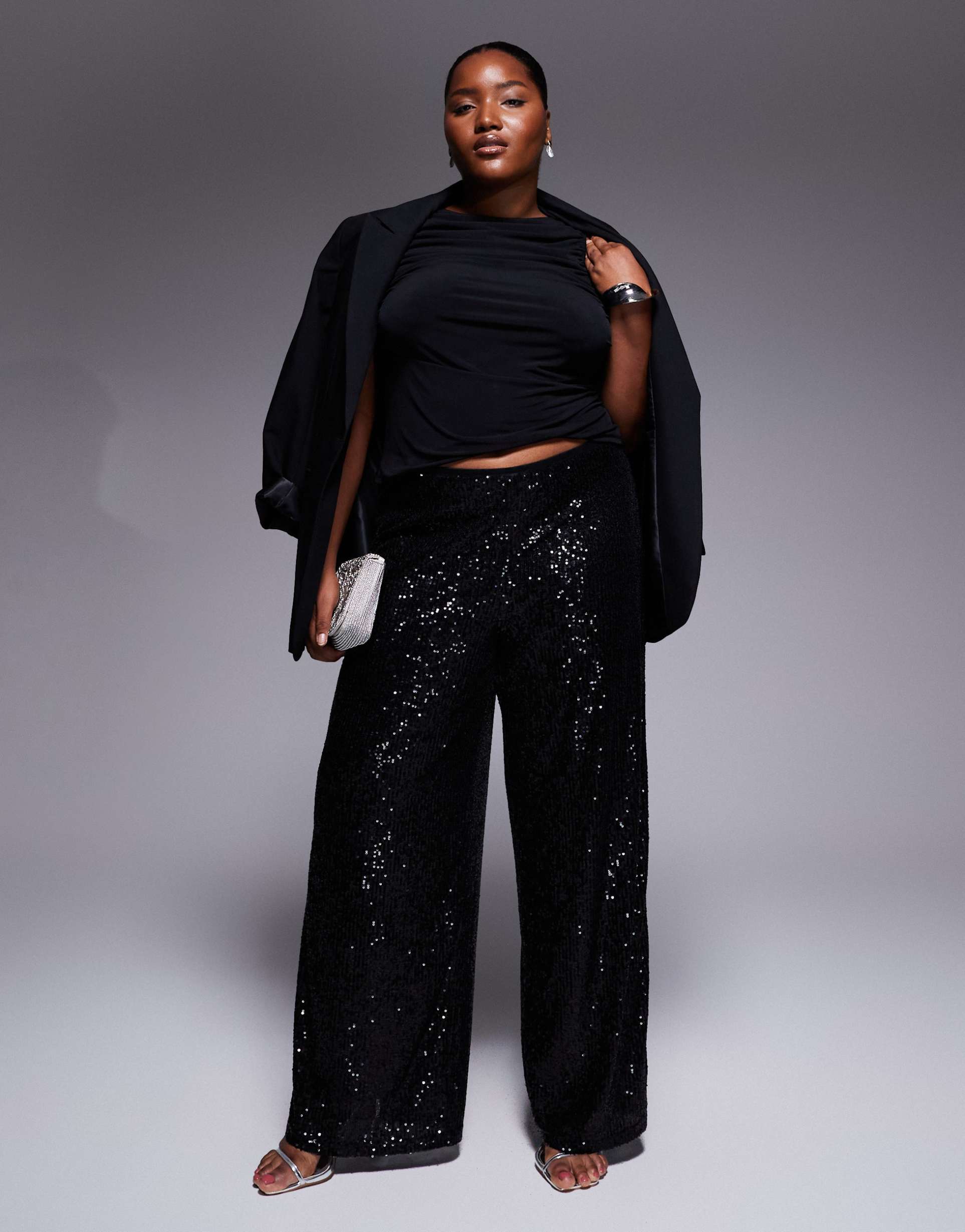 asos design curve all-over sequin wide leg pants in black