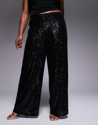 Asos Curve Asos Design Curve All-over Sequin Wide Leg Pants In Black