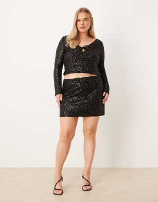 Asos Curve Asos Design Curve Allover Sequin Keyhole Long Sleeve Top In Black