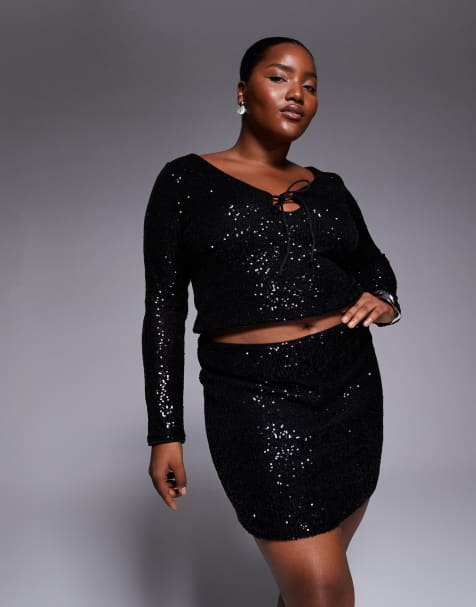ASOS DESIGN Curve allover sequin mini skirt in black - view 1