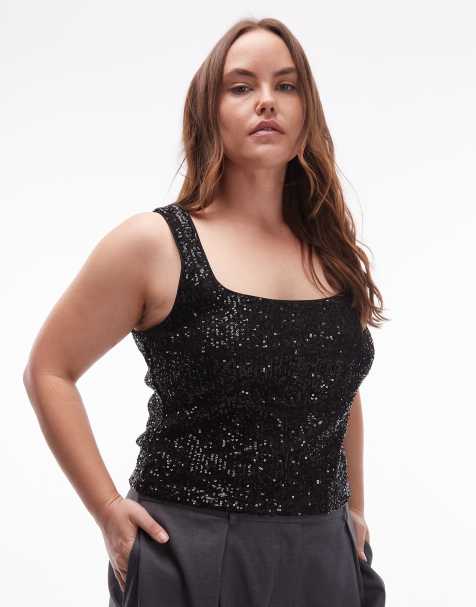 ASOS DESIGN Curve allover sequin square neck top in black - view 1