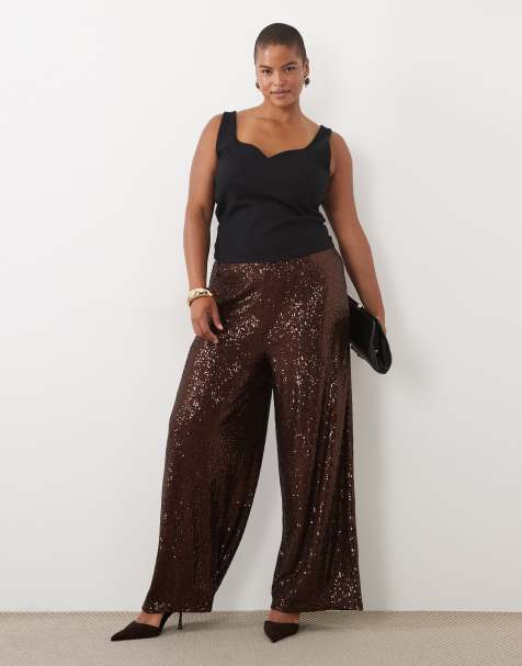 ASOS DESIGN Curve allover sequin wide leg trousers in chocolate - view 1