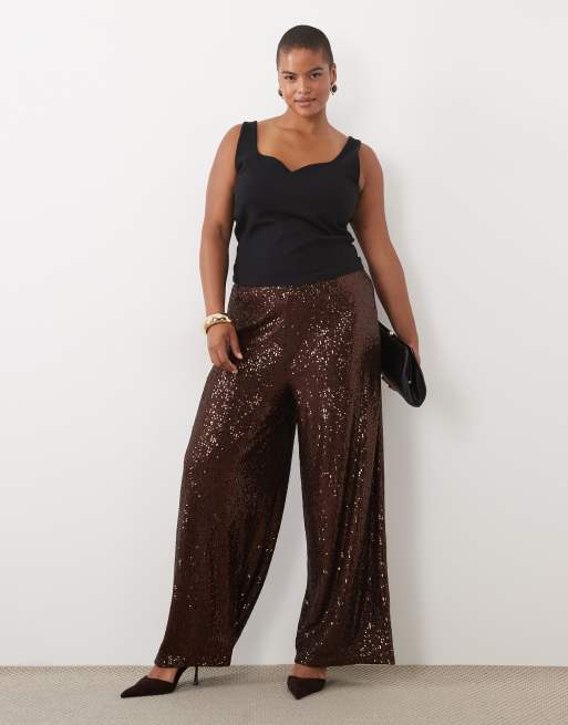 ASOS DESIGN Curve allover sequin wide leg trousers in chocolate | ASOS