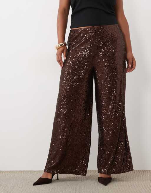 ASOS DESIGN Curve allover sequin wide leg trousers in chocolate | ASOS