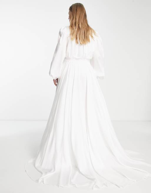 ASOS DESIGN Curve - Alyssa - Robe de mariage boutonnée et satinée avec manches blousantes - Ivoire, 2 de 4