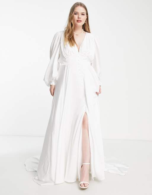 ASOS DESIGN Curve Alyssa satin wedding dress with blouson sleeve and button  front - IVORY