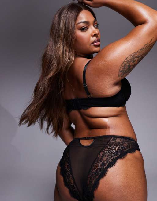 ASOS DESIGN Curve - Amber - Culotte brésilienne échancrée en tulle et dentelle - Noir, 3 de 4